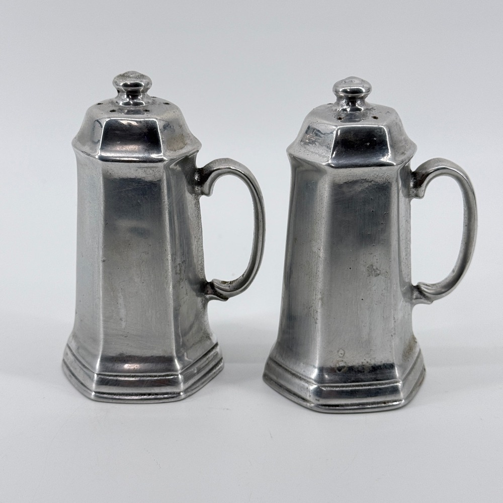 Wilton Salt Pepper Shakers Vintage Handled Armetale Silver Hexagonal Solid